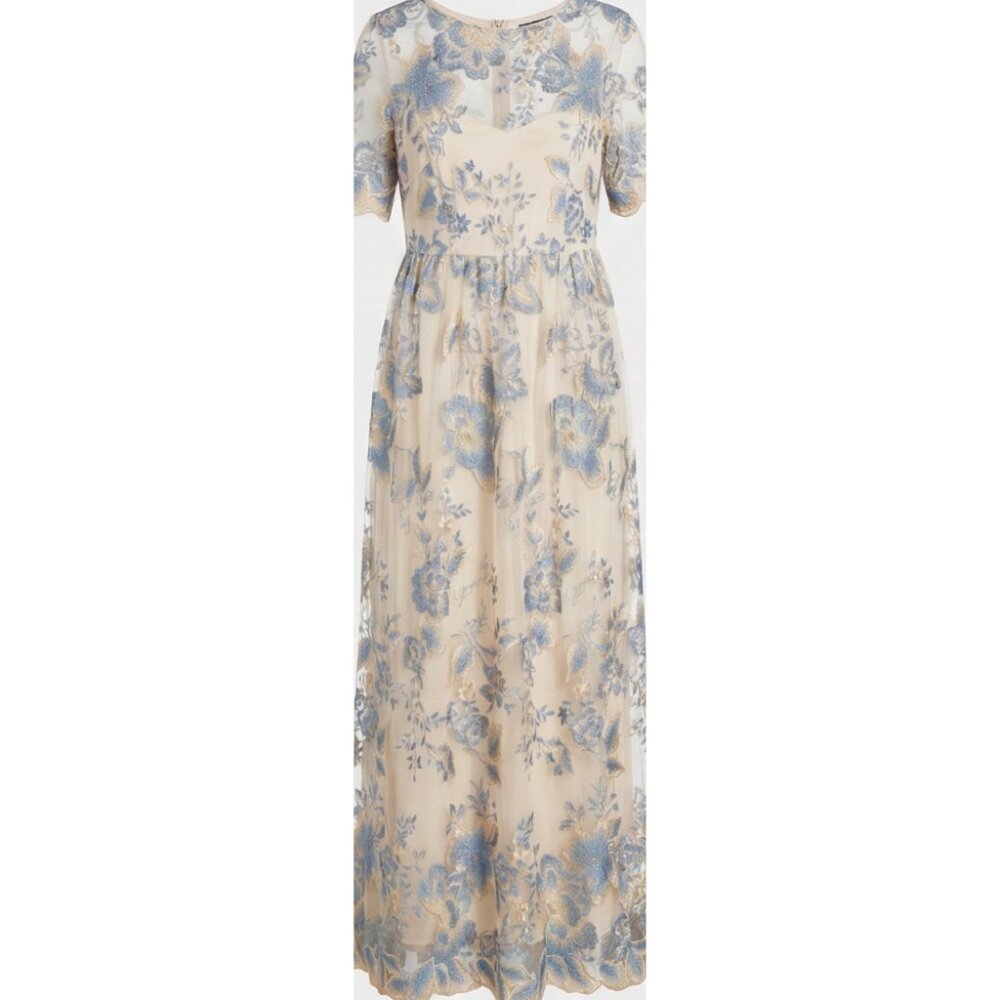 Adrianna Papell Blue & Gold Floral Embroidered Sheer Maxi Dress Gown Size 12